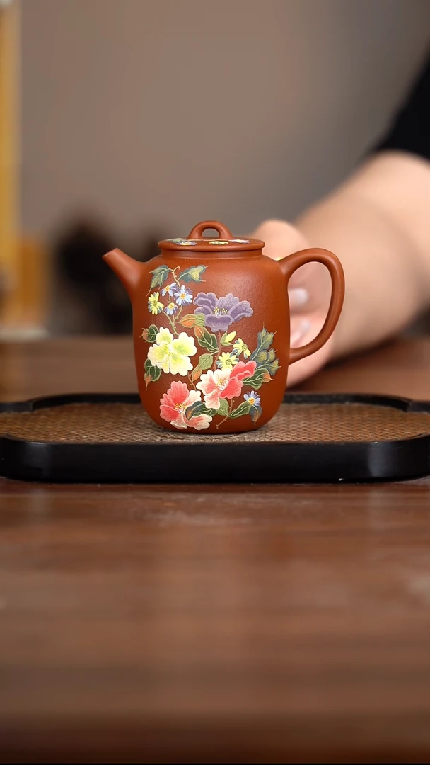 茶壶紫砂大红袍鱼籽料 泥绘花