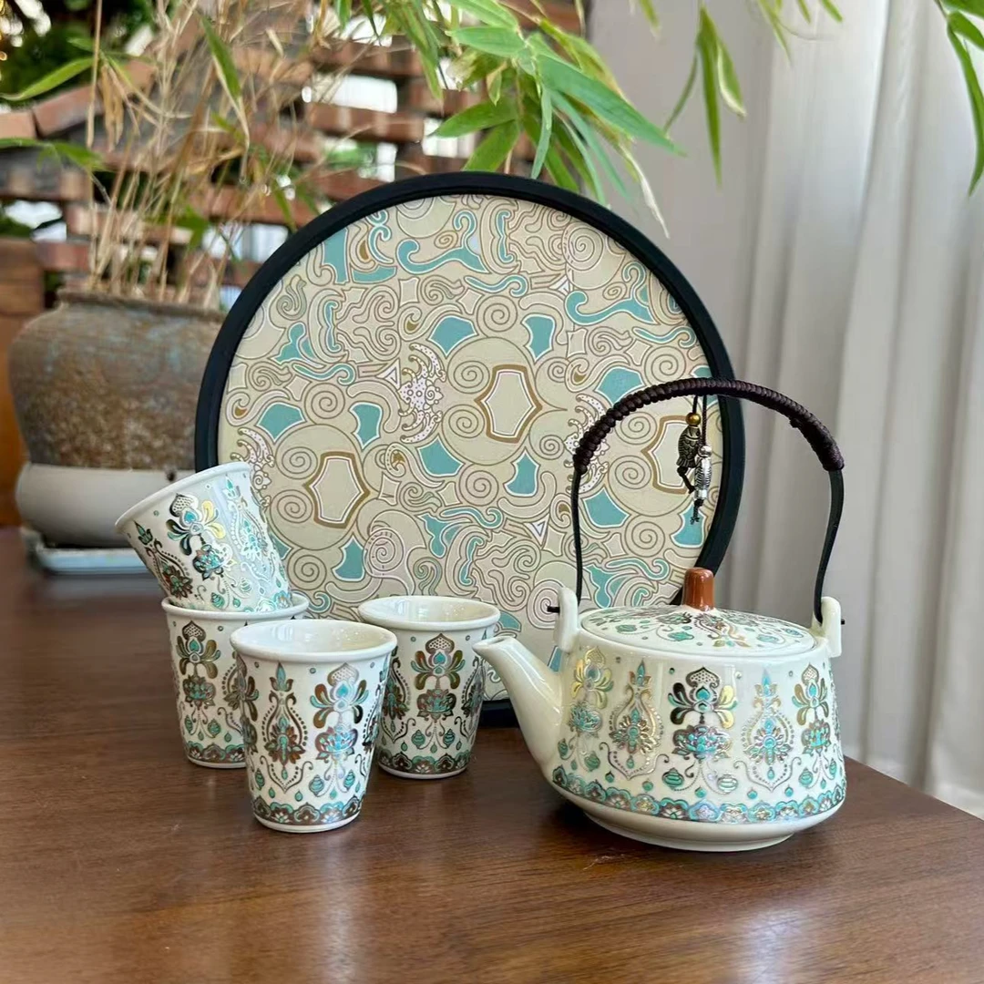 秋香茶具 敦煌凤翎金银措提梁壶一壶四杯+盘（无礼盒）小套装-3195