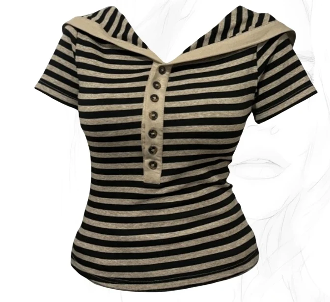 大码胖MM甜辣条纹撞色一字肩T恤女夏新款修身显瘦翻领上衣