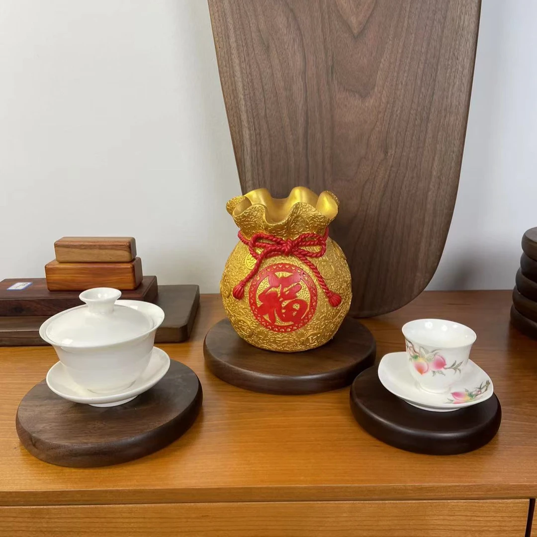 北美黑胡桃圆形手工茶壶承展台中式首饰置物板杯垫B10080-B10082