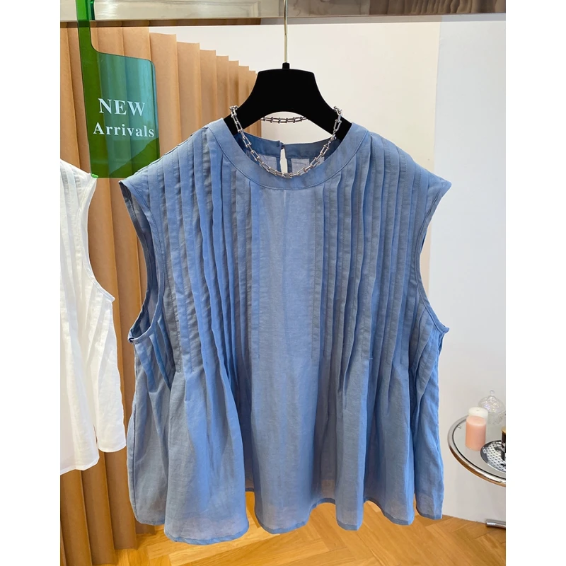 高级感蓝色亚麻无袖上衣女高端2025新款宽松百褶棉麻衬衫娃娃衫夏