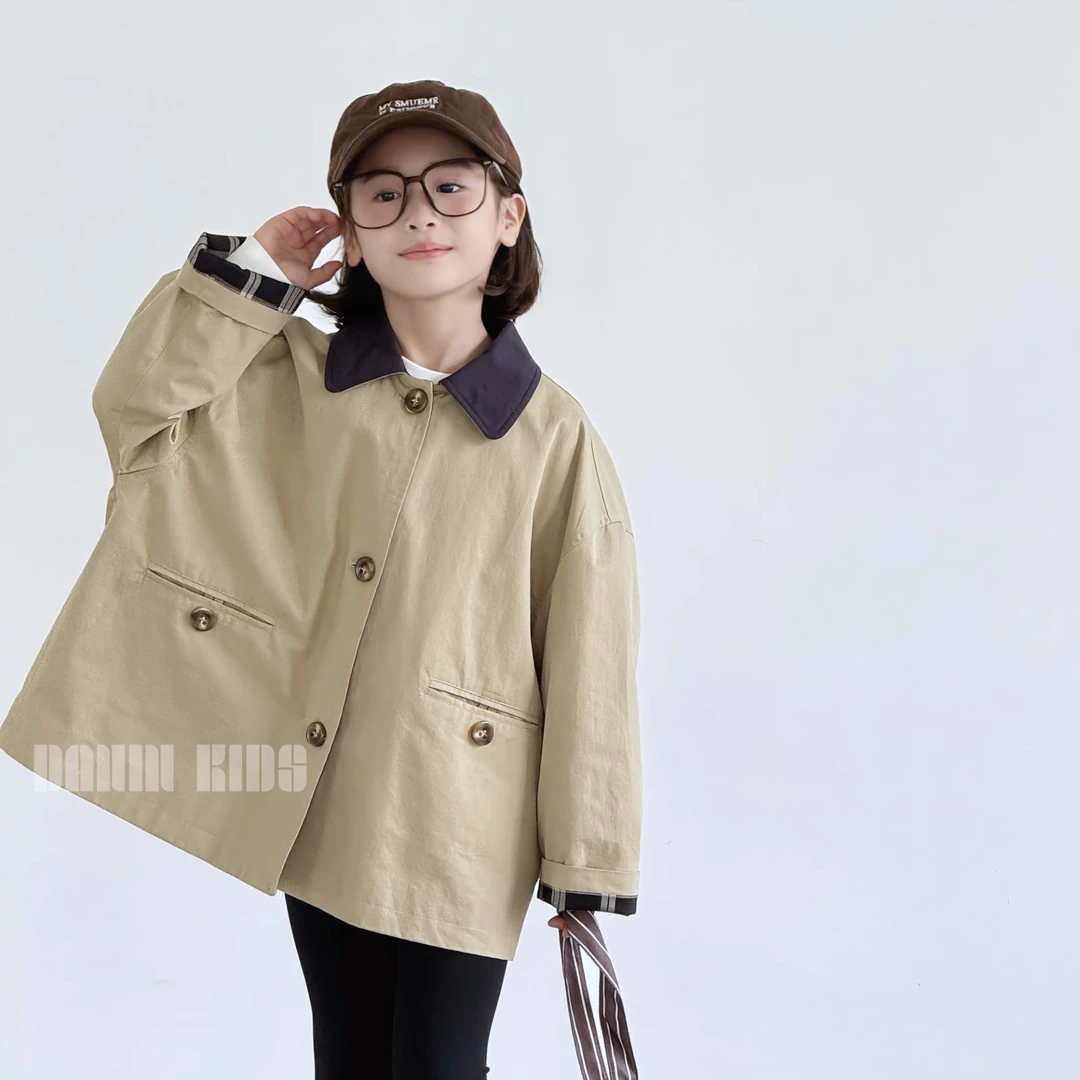 嗒囜 【日系复古】卡其儿童秋季oversize宽松中长款休闲风衣外套