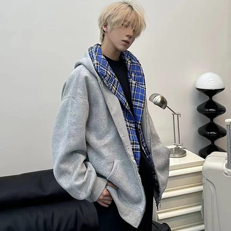 8895 假两件格子开衫卫衣外套男春秋高级感美式情侣连帽衫