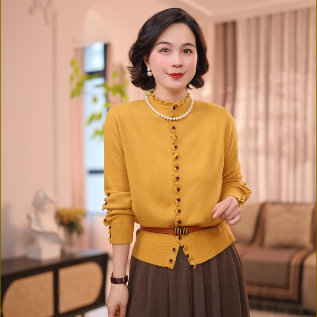【朵朵耀眼】秋冬长袖木耳领中领木耳门襟针织开衫#GT8011