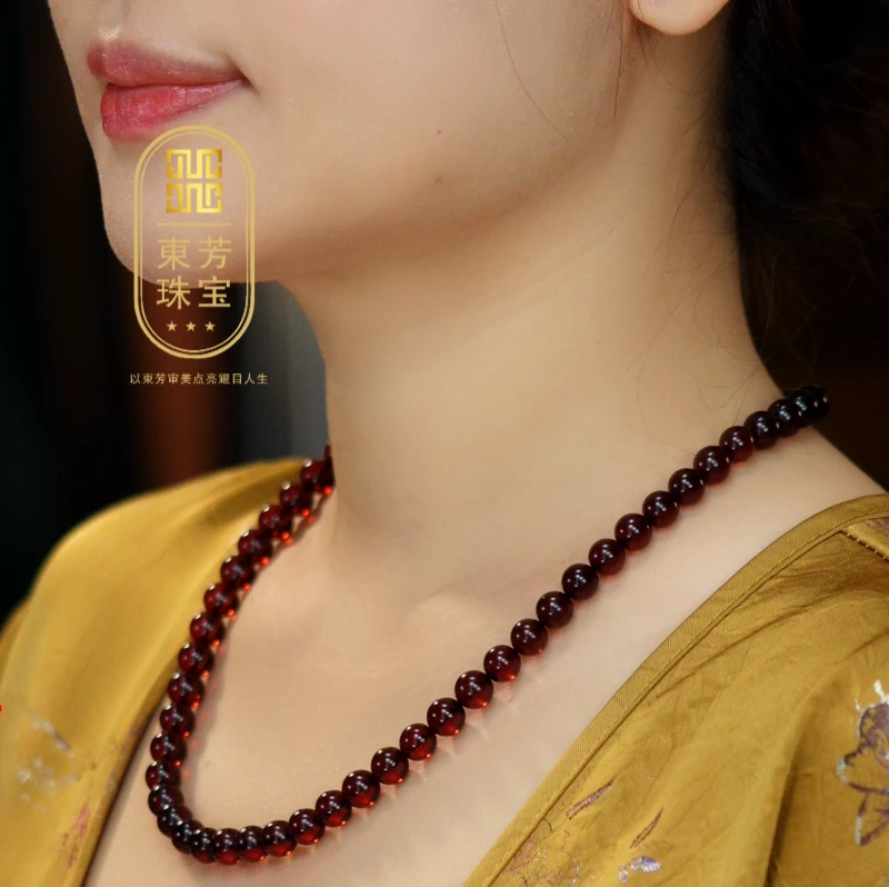 東芳珠宝-8mm缅甸天然琥珀血珀项链妈妈链琥珀项链百搭时尚50CM