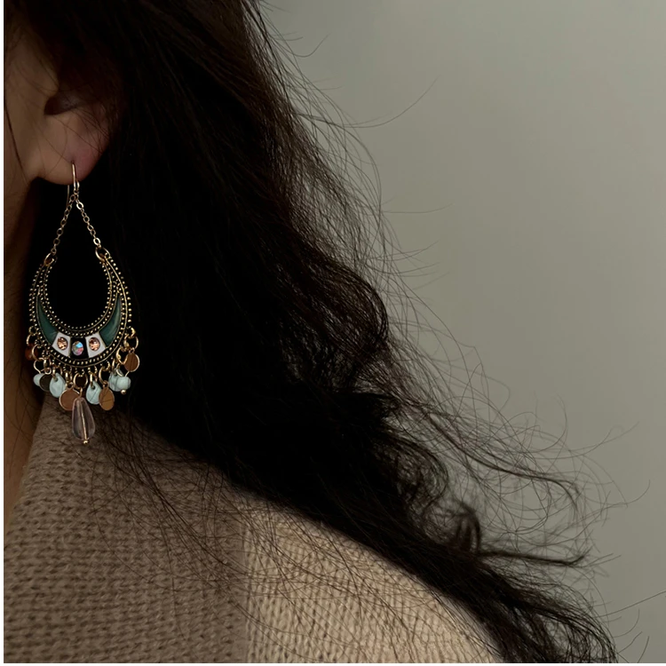 合金仿水晶耳饰 复古做旧波西米亚度假风夸张耳钩大气锆石耳环女