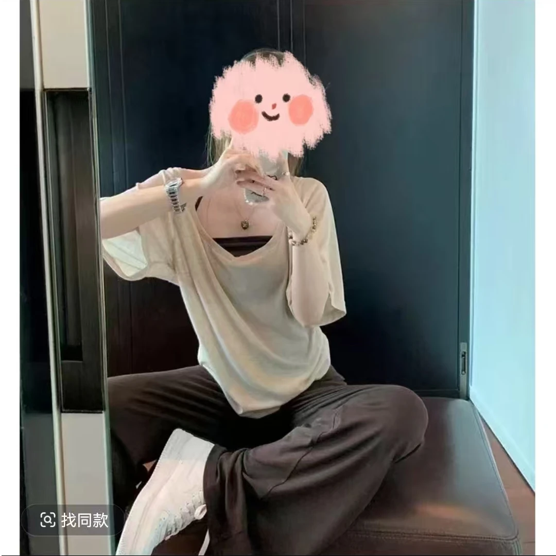 大码挂脖吊带短袖t恤阔腿裤三件套女胖mm巨显瘦夏季穿搭一整套装