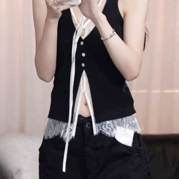 韩版ins风纯欲拼接蕾丝系带开衫2025年夏季新款修身显瘦无袖背心