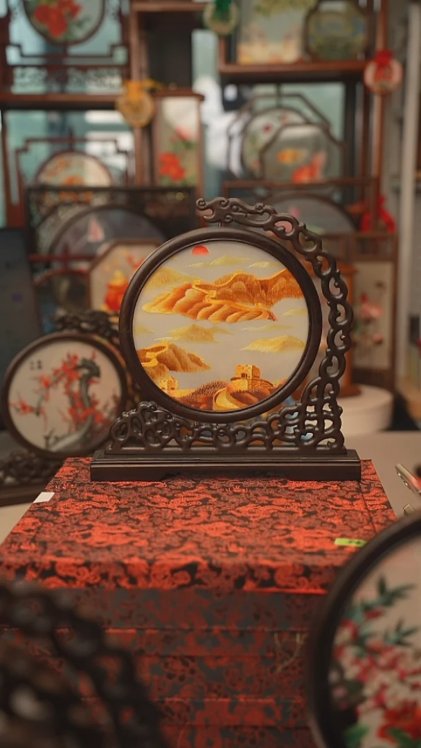 扇子龙头架 苏绣双面绣摆台