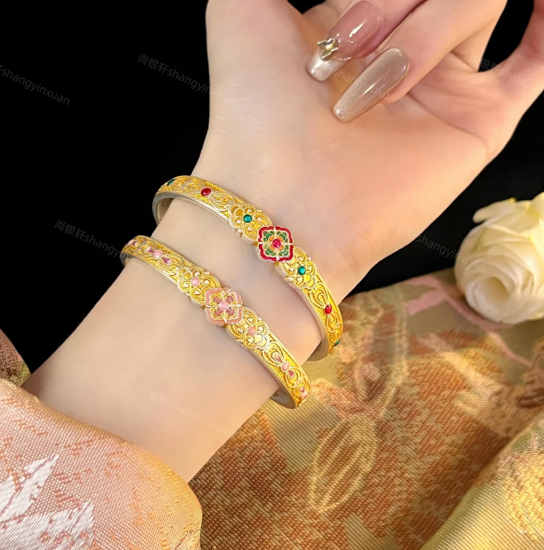 足银珐琅手镯 芍药 虞美人足银999.9描金珐琅重工中式手镯送女友