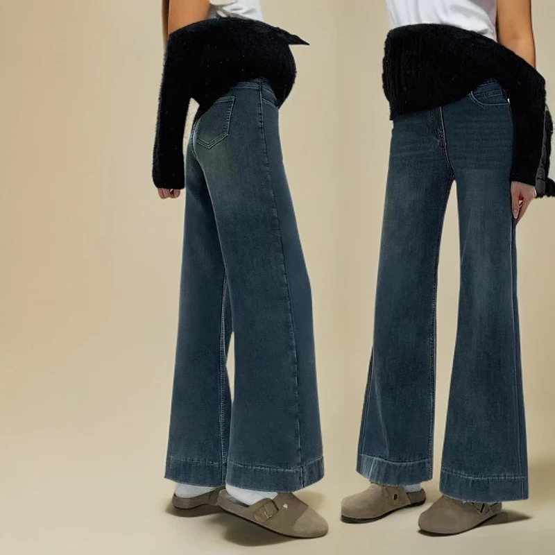 不贴腿微喇叭阔腿裤女秋季大码胖mm高腰显瘦梨形身材直筒牛仔裤子