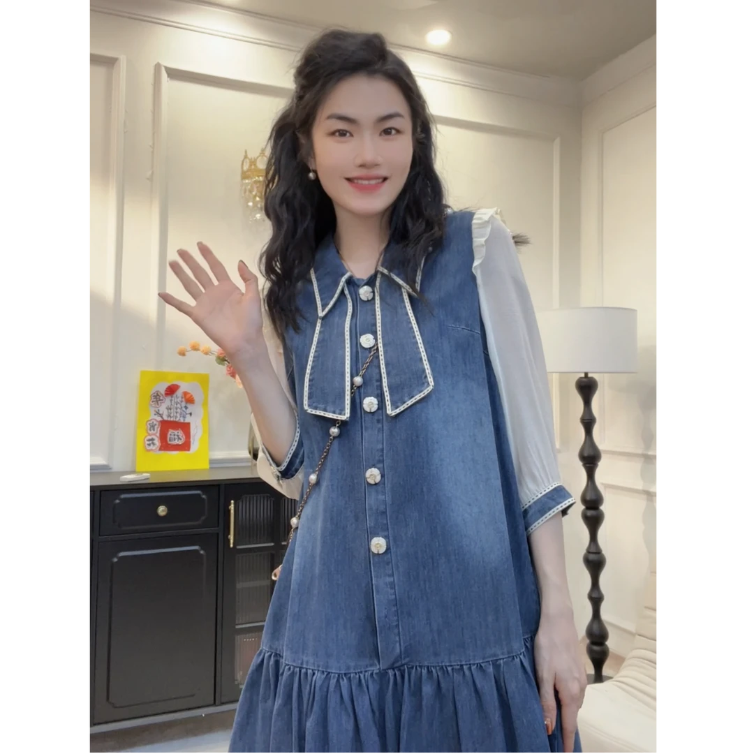 【小情歌】春夏新款牛仔裙假两件连衣裙女法式显瘦设计感荷叶边裙