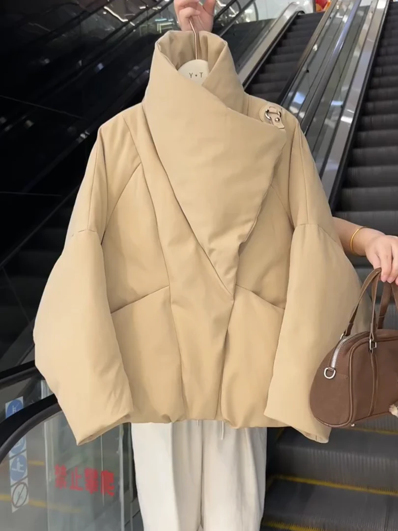 杏色大翻领落肩袖棉服外套女冬季韩系设计感外穿保暖加厚棉袄上衣