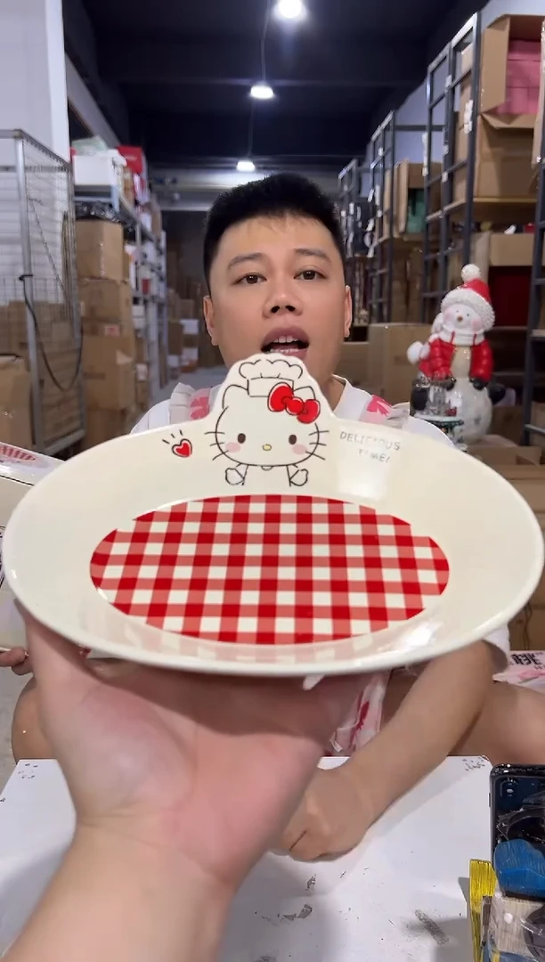 瓷片原盒kt猫红格子餐盘