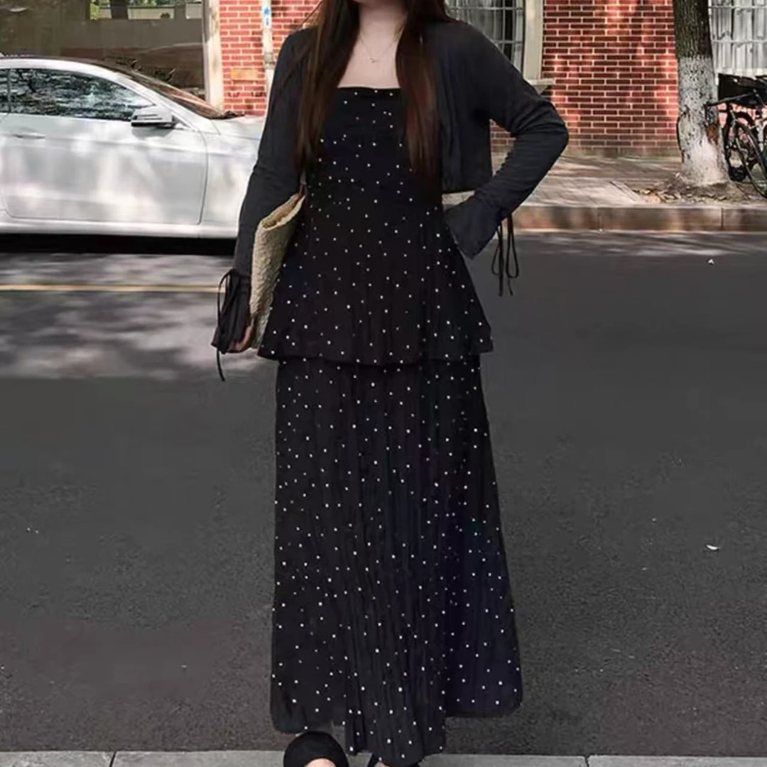 婷婷家法式假两件波点吊带连衣裙+开衫2025秋季显瘦套装