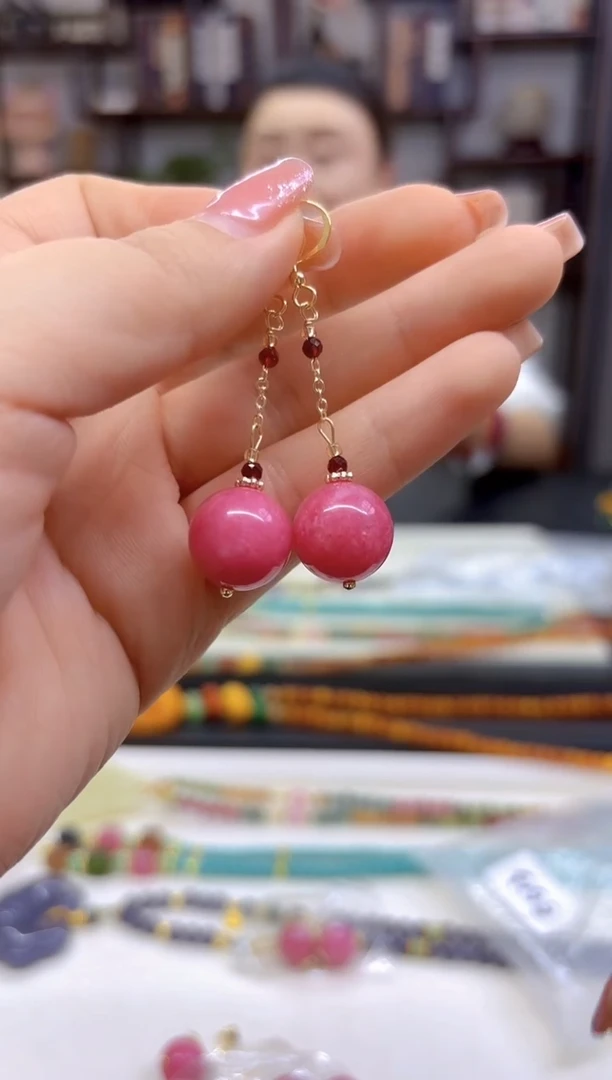 【闪购商品】菱锰矿（红纹石）耳坠14K金镶嵌E171