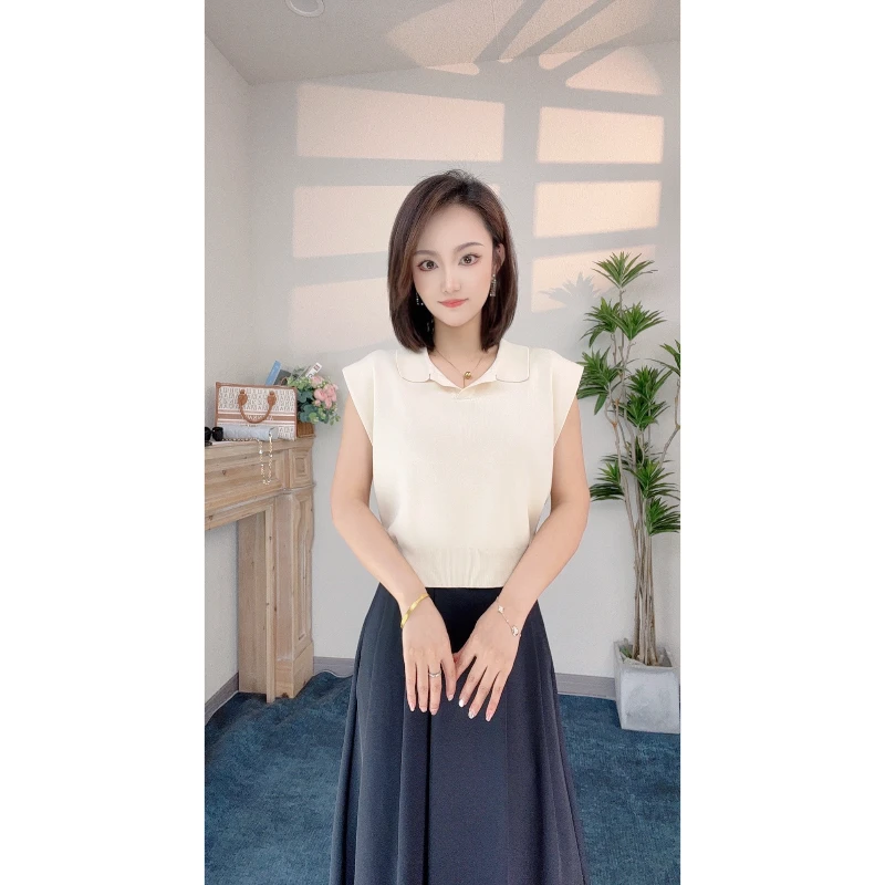 蔡小姐夏季宽松无袖翻领休闲纯色显瘦时尚气质修身简约短款