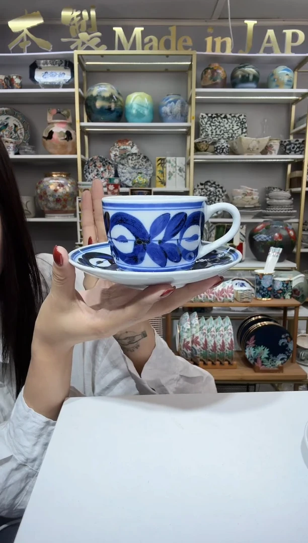 陶瓷手绘蓝海草带碟咖啡杯微瑕（杯口问题了解清楚再拍）