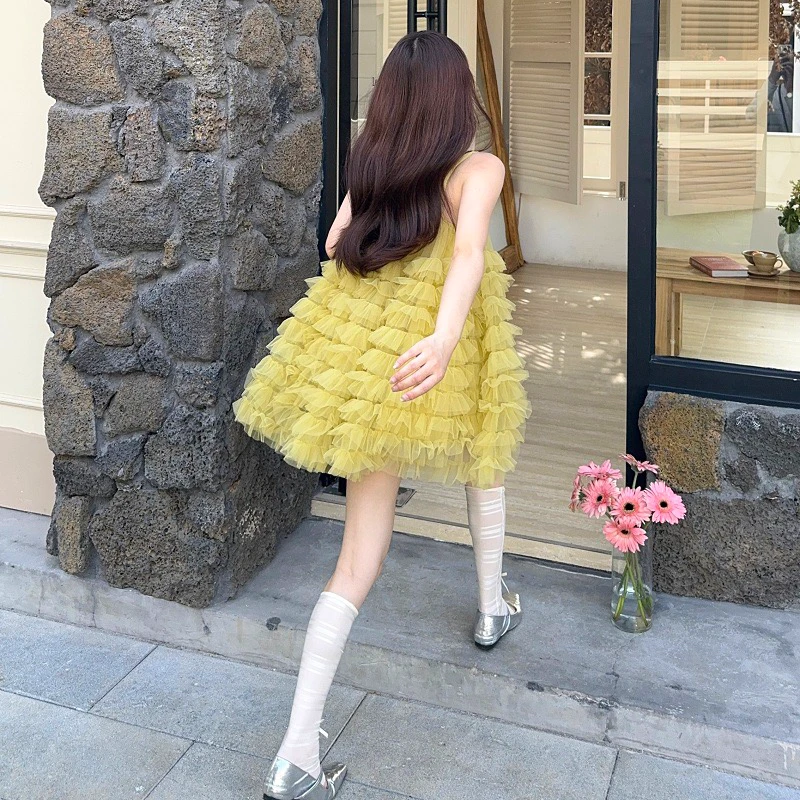 王思思洋气网纱吊带蛋糕裙仙女连衣裙女海边度假甜美蓬蓬公主裙子