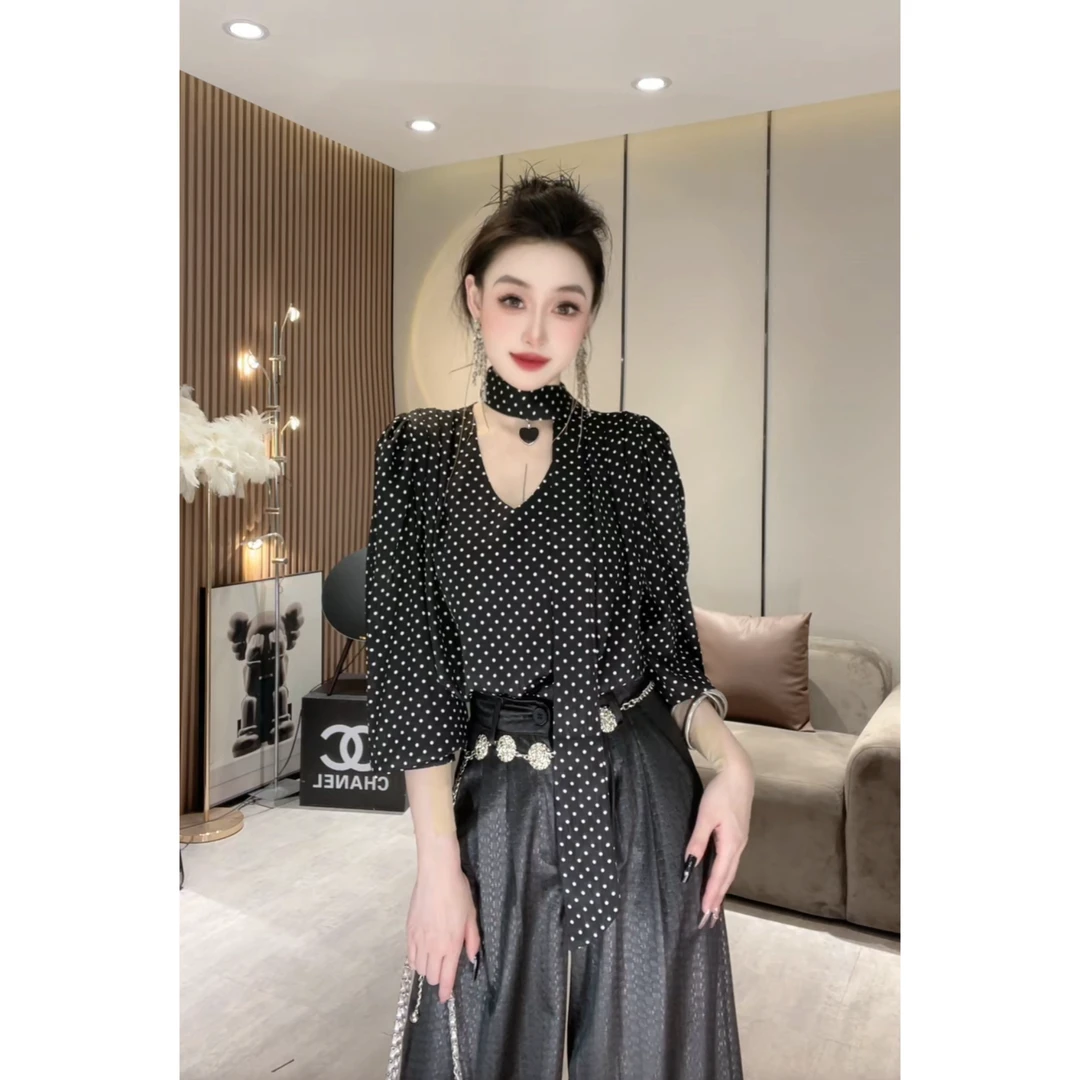 XQ806【飘带衬衫】小众设计感波点印花飘带款衬衫气质修身显瘦衬衣