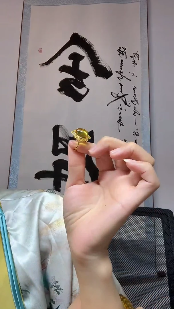 银S925镶嵌琥珀戒指金蓝珀戒指