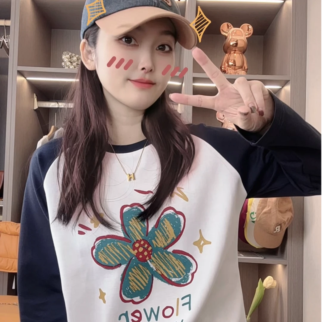 【花花世界】秋冬厚款磨毛拼接印花显瘦长袖T恤女休闲上衣