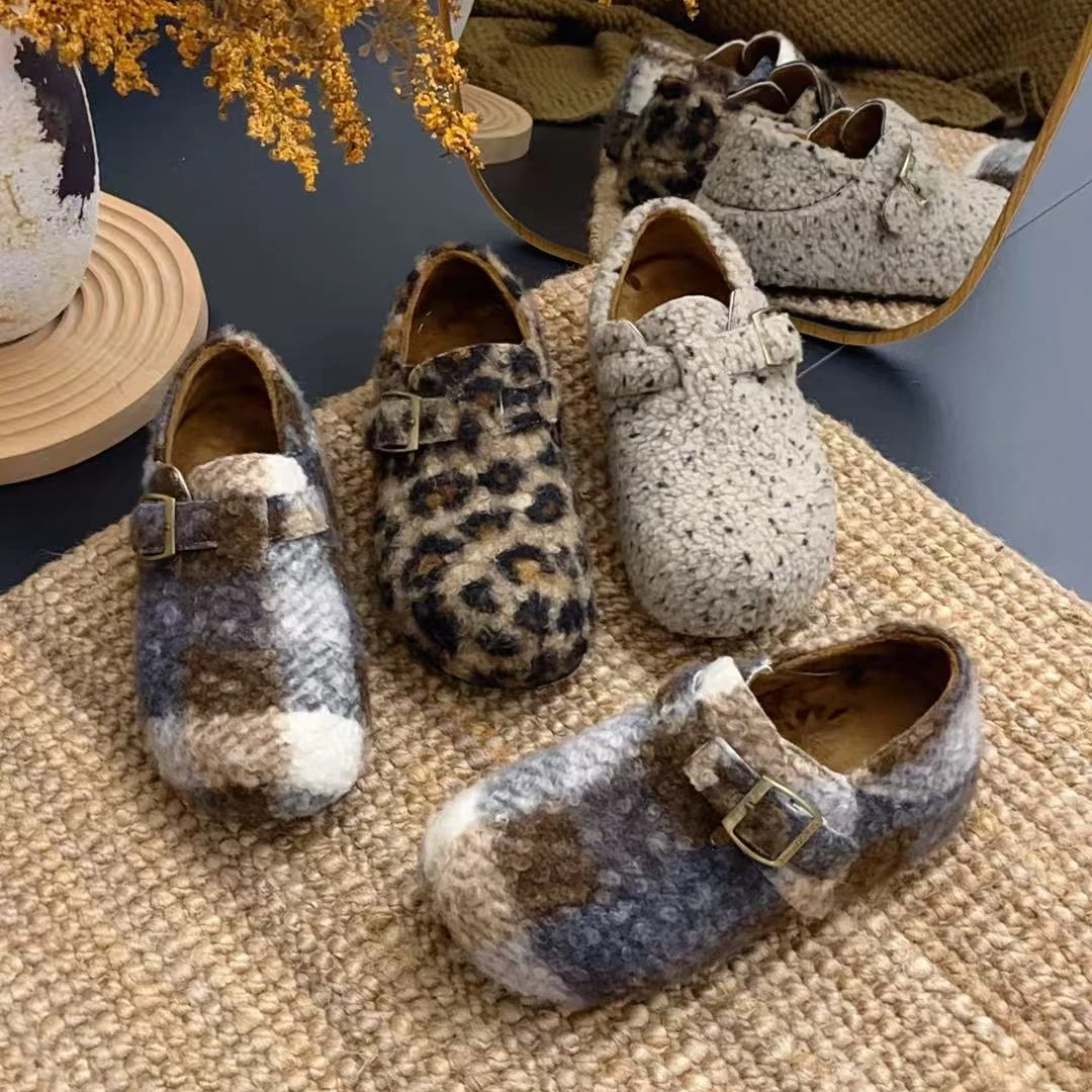 秋冬新款加绒金属扣魔术贴设计一鞋两穿厚底外穿女毛毛休闲博肯鞋