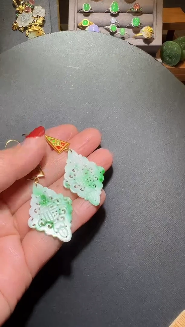 银S925镶嵌翡翠耳饰翡翠花片耳坠