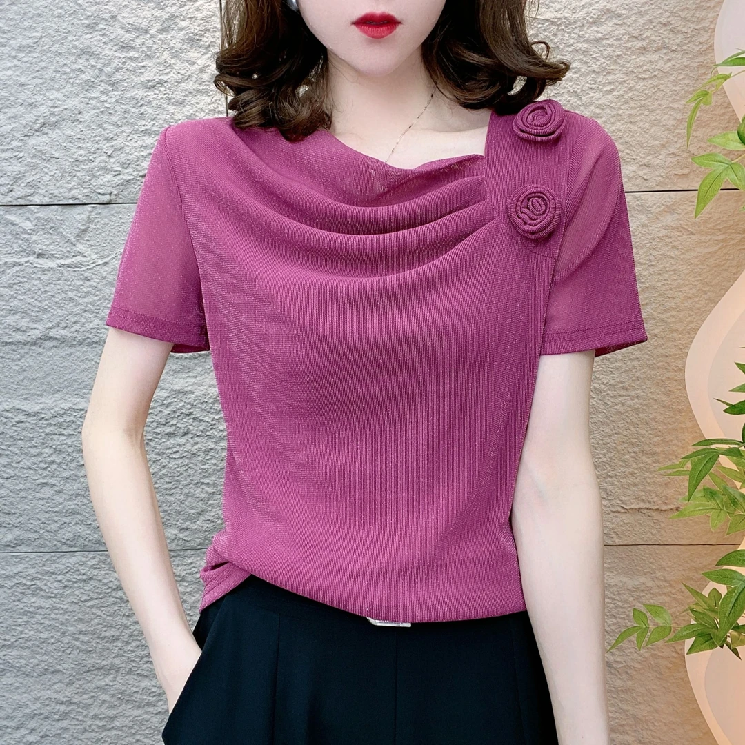 2025夏季新款时尚网纱褶皱时尚洋气百搭弹力纯色玫瑰花小衫衣T恤