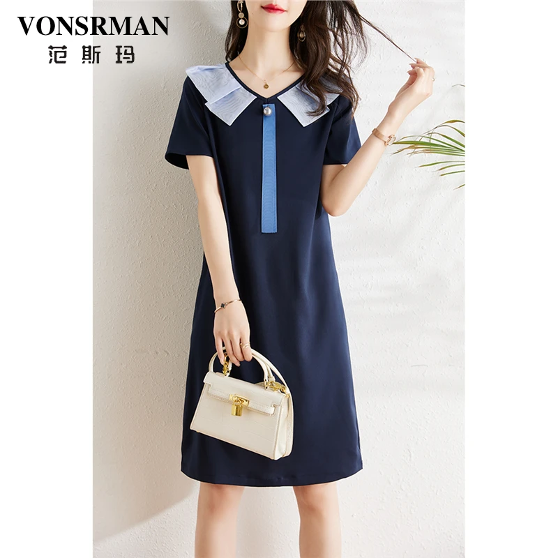 VONSRMAN撞色拼接翻领连衣裙女夏季2025新款法式气质宽松显瘦裙子