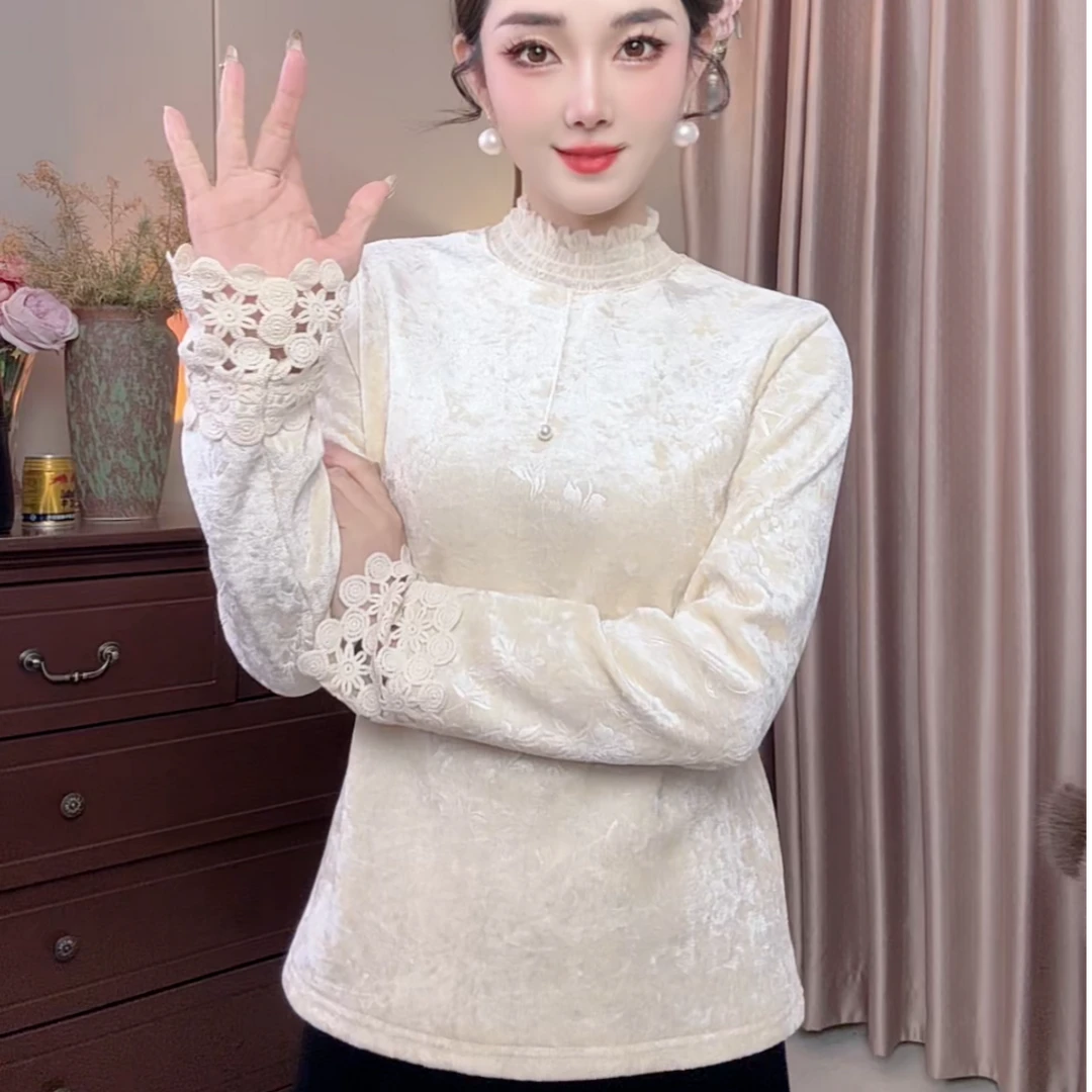 (东方女神）新中式百搭时尚拼接秋冬新款加绒立领打底衫国风上衣