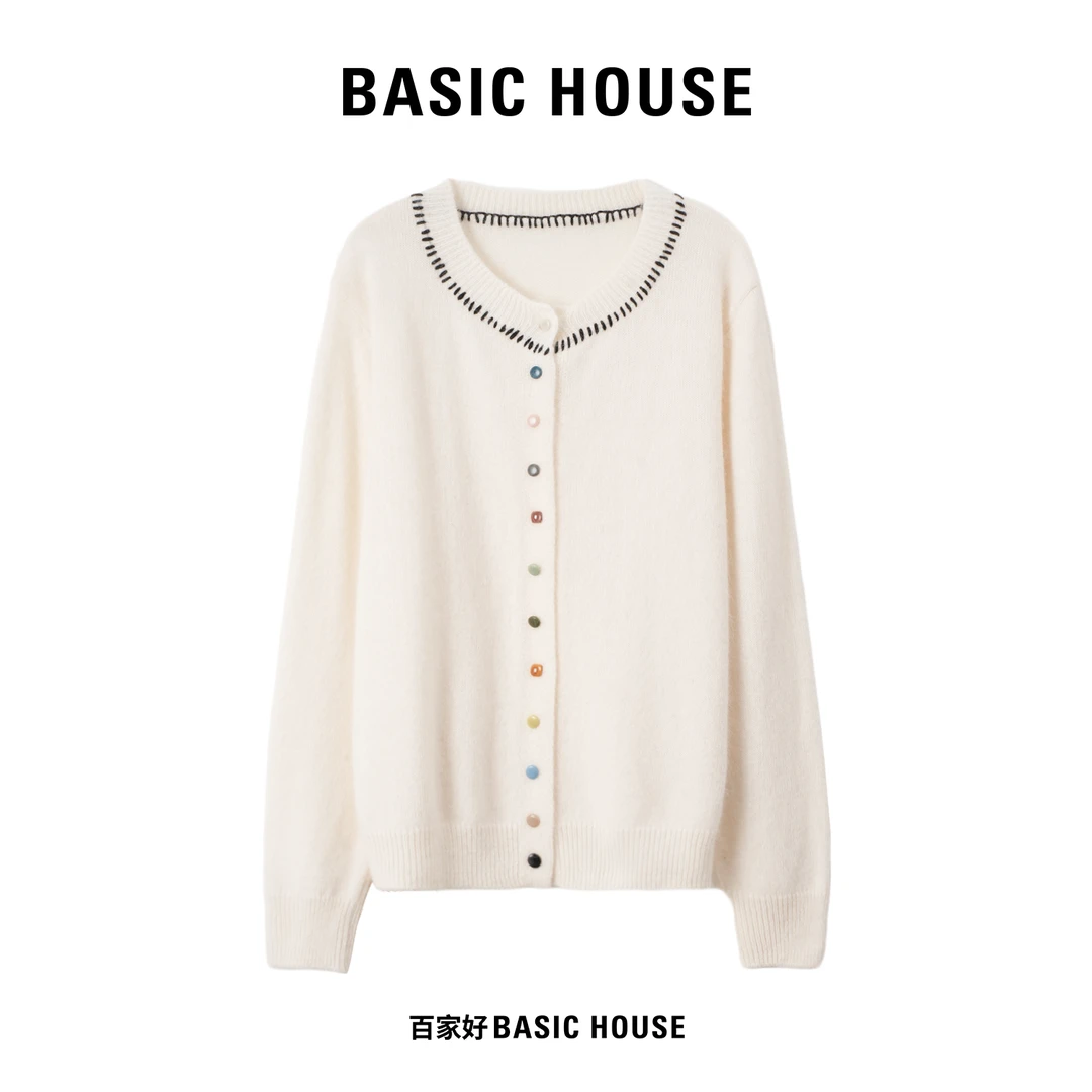 Basic House/百家好2025年新款彩扣圆领休闲条纹针织衫Q382 XX