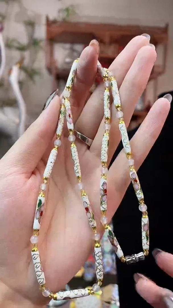 非遗手工景泰蓝竹节项链白色
