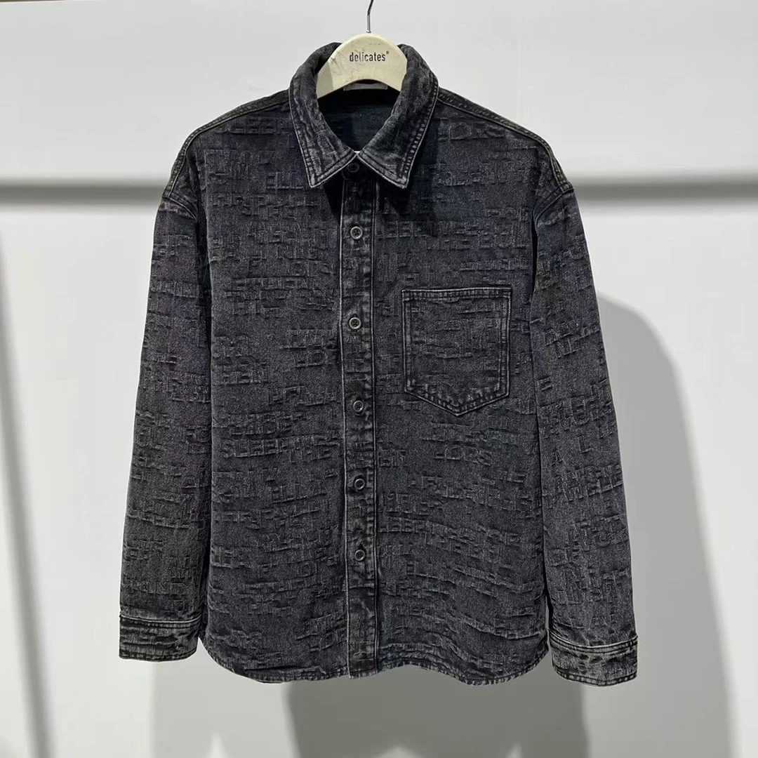 潮牌男款秋冬季灰色肌理感复古水洗做旧翻领长袖牛仔外套 50037