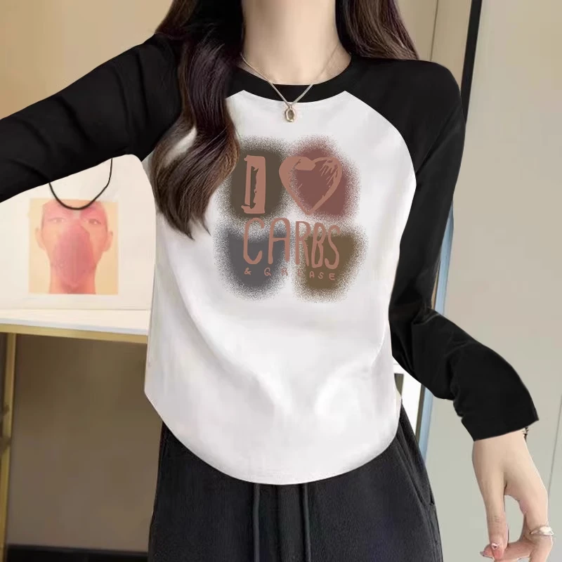 不规则弧形下摆撞色插肩长袖T恤女打底衫正肩内搭小个子短款上衣