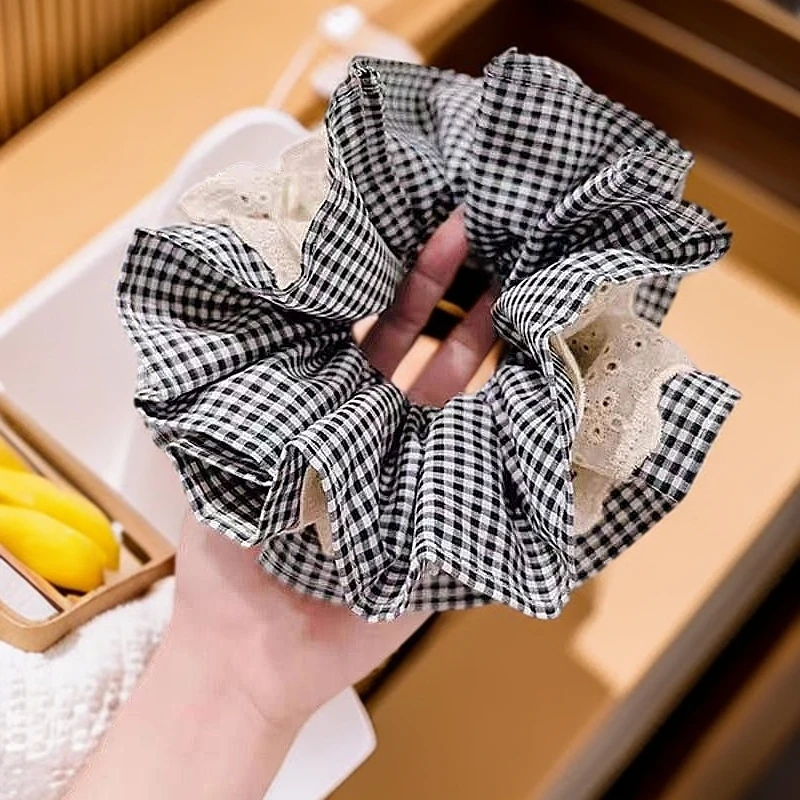 蕾丝花边发饰发圈气发绳设计感新款百搭大号圈格气质简约布艺发饰