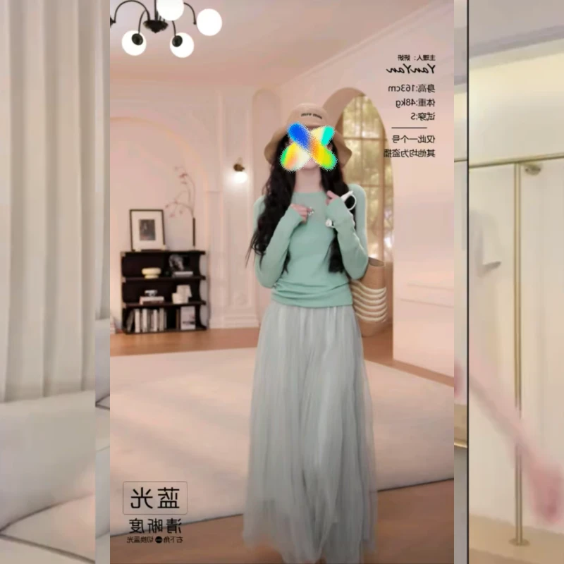 2025夏季新款纯色罩衫长袖T恤+显瘦松紧腰头网纱半身裙套装女