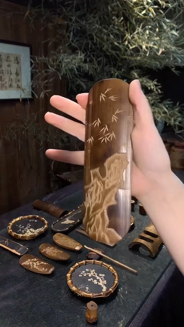 精雕石竹椭圆茶则....