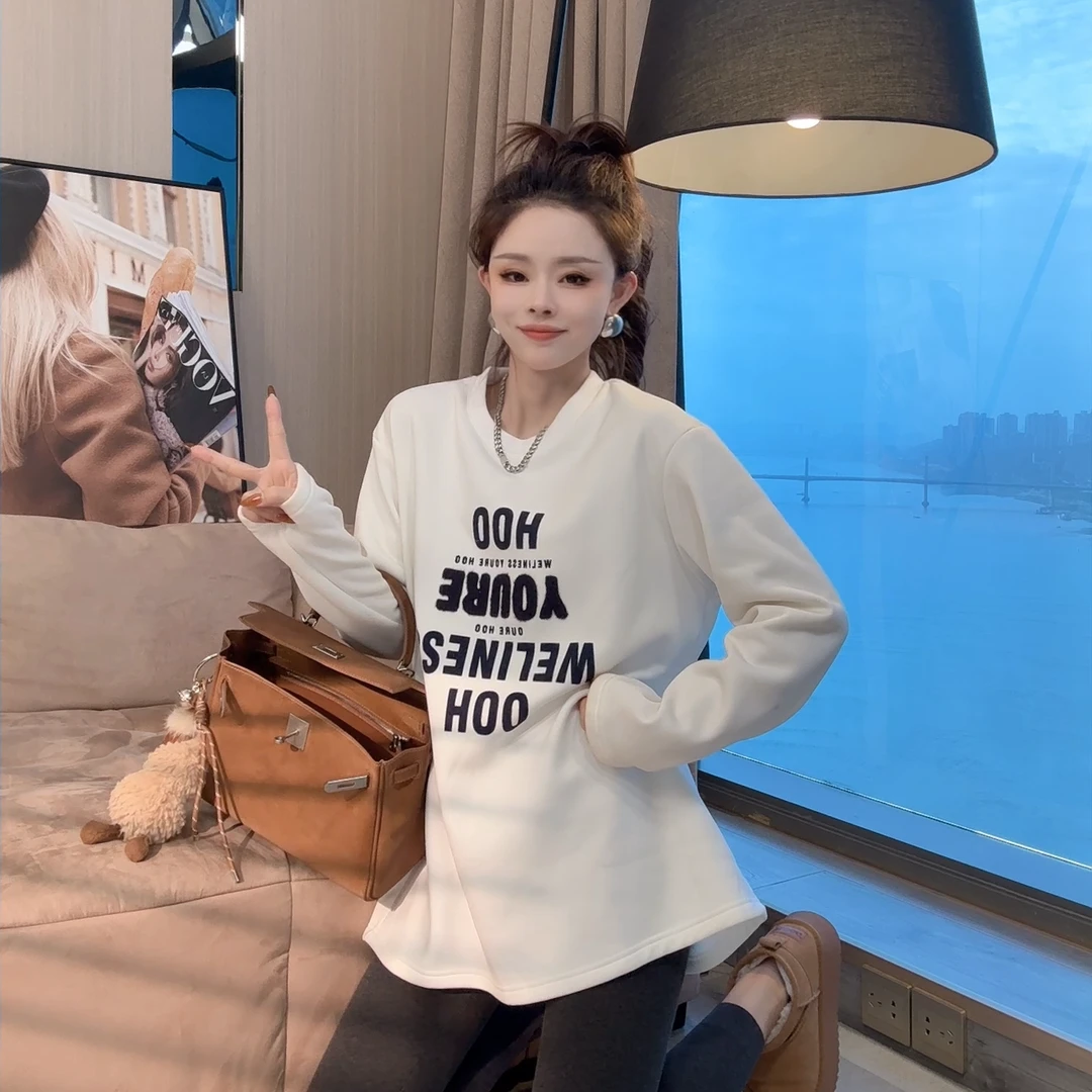 【晓溪服饰】冬季上新中长款常规百搭长袖显瘦打底衫印花T恤5277