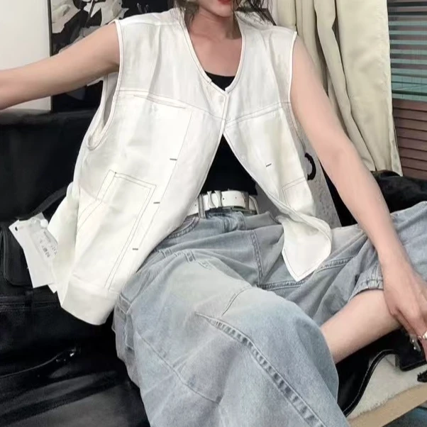 【大7定制】9209#夏季薄款亚麻明线无袖外套女