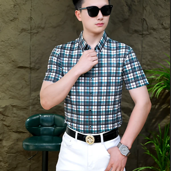 【CNCENG】801-6轻奢男短袖衬衫修身商务休闲时尚百搭翻领衬衣格纹