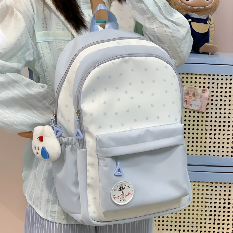 ins风小众浅蓝色书包女初中生高中生大容量双肩包小学生减负背包