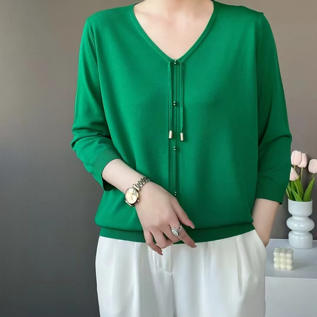 冰丝长袖春秋冬能穿上身时尚气质纯色女宽松上衣遮肚子显瘦v领