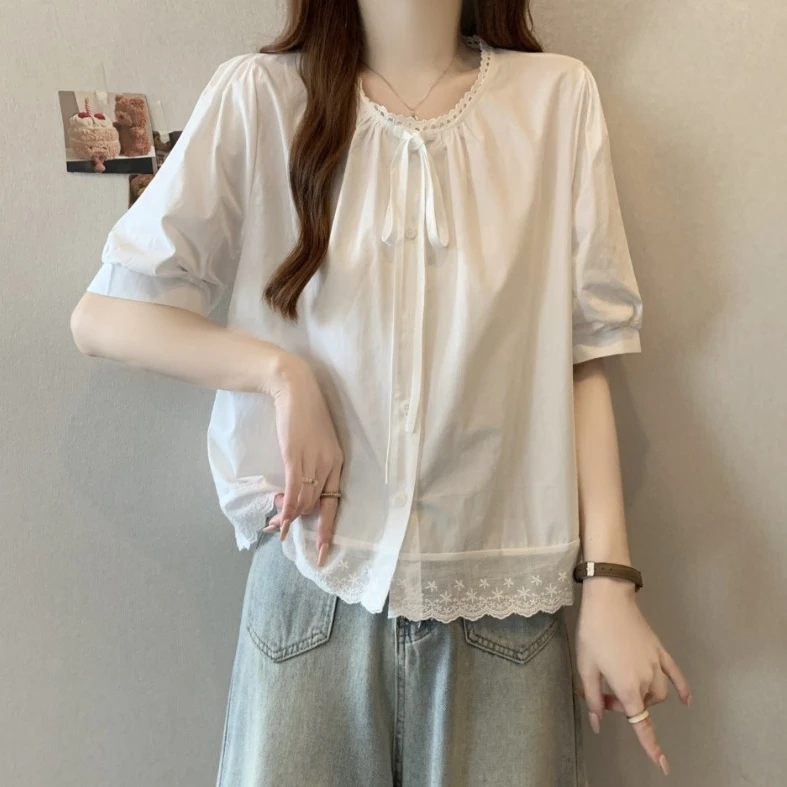 大码蕾丝花边系带短袖衬衫女夏季新款微胖MM宽松显瘦百搭洋气上衣