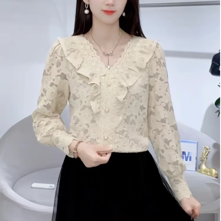 衣源7301#长袖雪纺衫春秋减龄甜美别致小衫百搭洋气蕾丝（长约60）