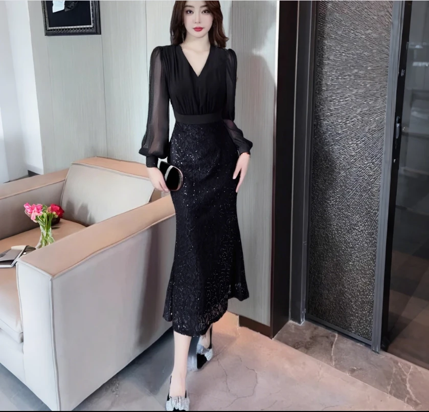 FF3092秋季收腰长袖裙长袖连衣裙蕾丝常规黑色女神轻奢长裙