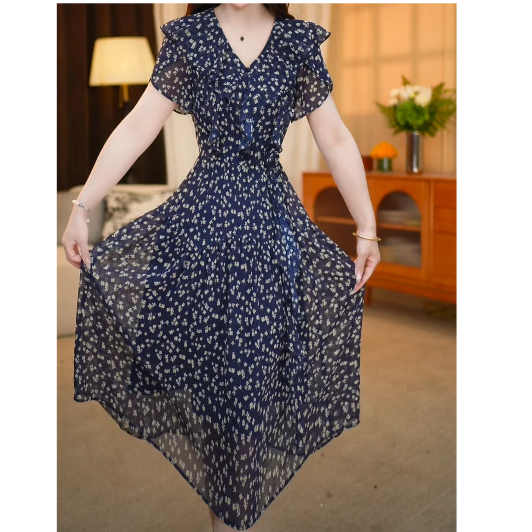 赛菲雅女装【连衣裙】夏季新款V领洋气收腰气质通勤中长款连衣裙