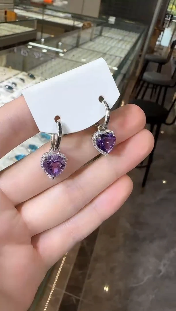 银S925镶嵌耳饰紫晶9mm耳扣款