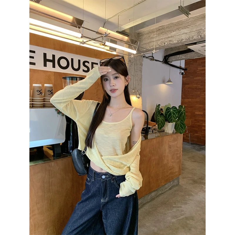 2025早秋新款韩系气质慵懒风薄款内搭背心吊带针织长袖开衫两件套