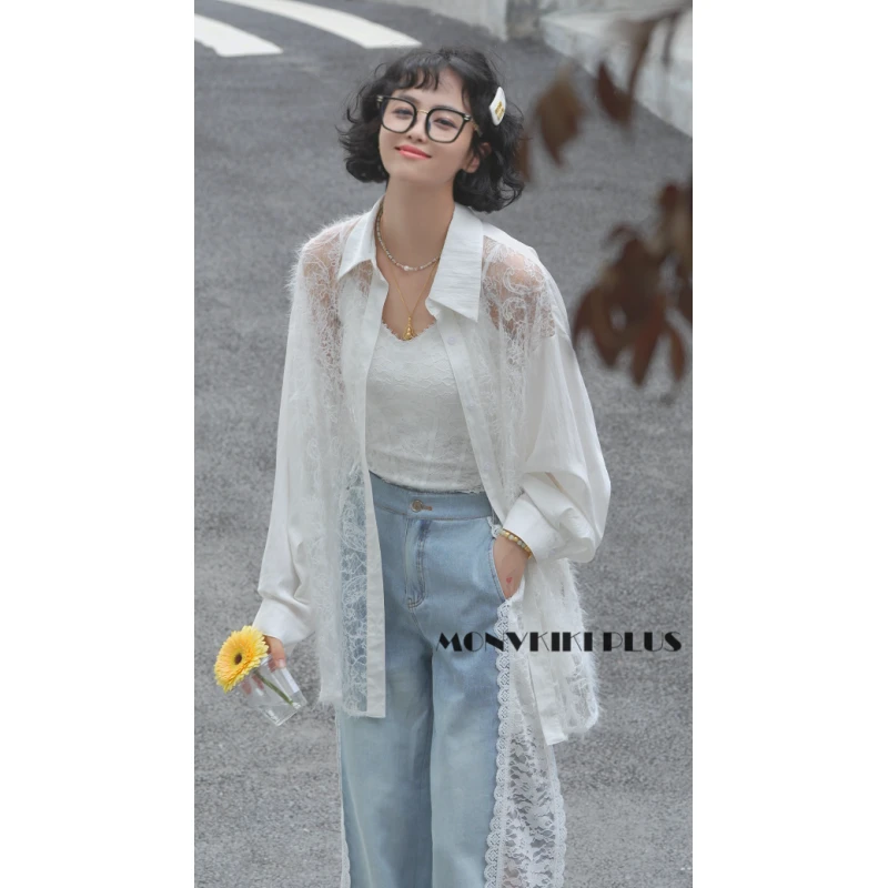 MoNvKiKiPlus2“一笑倾城“大码微胖蕾丝亮片纯欲长袖衬衫上衣#1067